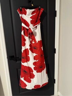 Strapless Red Floral Maxi Dress with Waist Tie